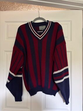 VintagePoint Zero Men's V-Neck Striped Sweater - Navy & Burgundy with White Trim